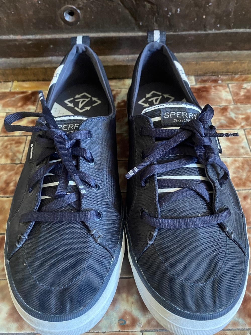 Size 8 Sperry Bionic sneaker nautical, navy/black, vegan. Yacht rock chic.